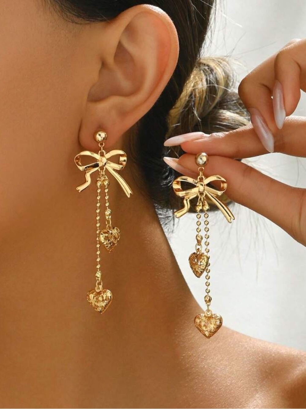 Gold Bow & Heart Drop Earrings - Women Jewelry